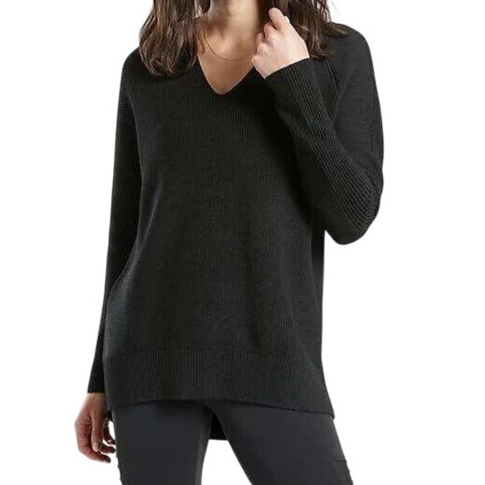 Athleta Hanover Wool Black V Neck Sweater Women's Size Large Long Sleeve‎ Knit